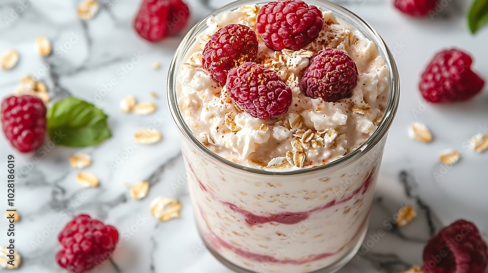 Overnight oats in glass jar on marble table Top view : Generative AI Overnight oats in glass jar on marble table Top view : Generative AI