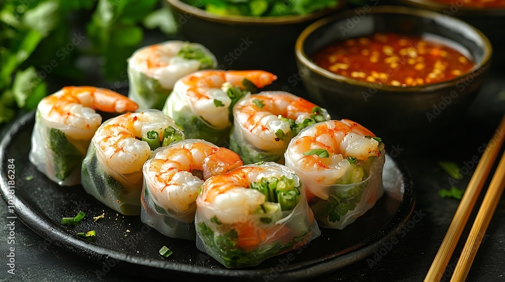 Vietnamese spring rolls with shrimps and vegetables with spicy sauce on a black plate Dark background : Generative AI Vietnamese spring rolls with shrimps and vegetables with spicy sauce on a black plate Dark background : Generative AI