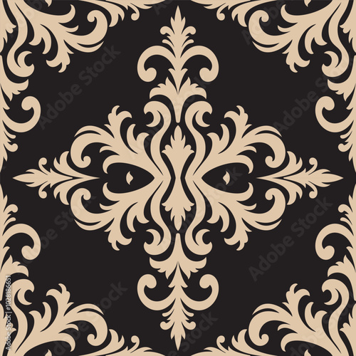 Elegant damask pattern in beige and black, seamless baroque design, vintage floral ornament for wallpaper, textiles, fabric, packaging, luxury decor, and backgrounds