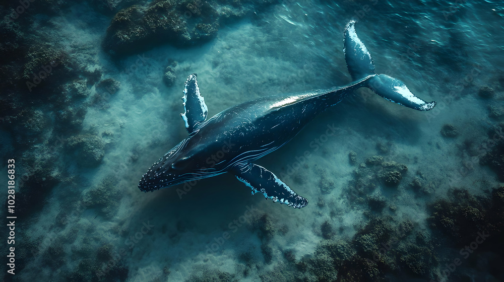 Fototapeta premium Humpback Whale Swimming in Clear Ocean Waters.