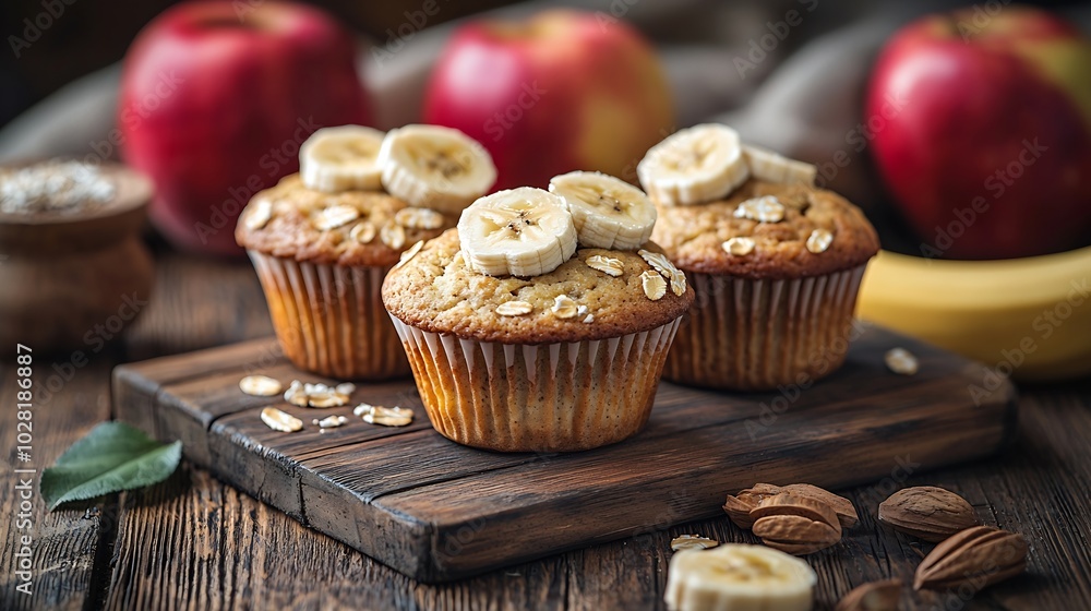 Healthy vegan oat muffins apple and banana cakes on a wooden background : Generative AI Healthy vegan oat muffins apple and banana cakes on a wooden background : Generative AI