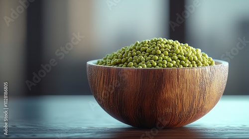 Mung bean green moong dal in wooden bowl White textile background : Generative AI photo