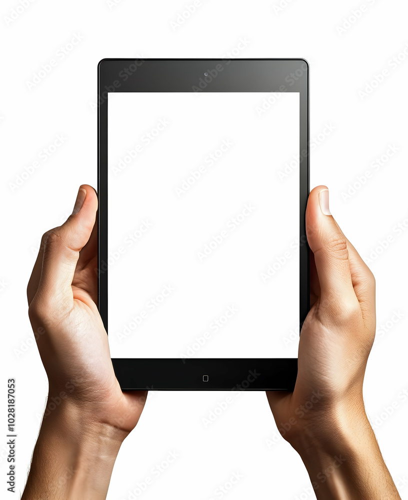 Hands Holding Tablet Computer With Blank White Screen. Hands Holding Tablet Computer With Blank White Screen.