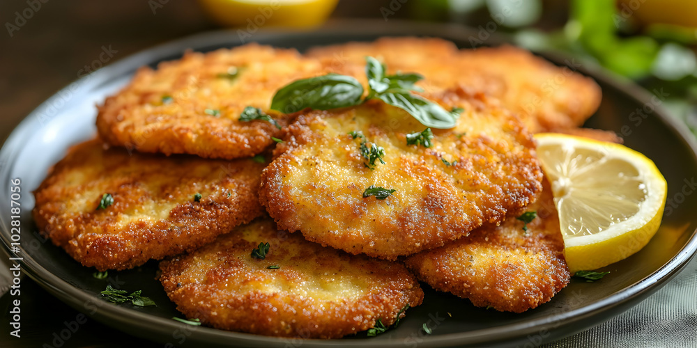 Crispy Fried Chicken Cutlets with Lemon Wedge. Crispy Fried Chicken Cutlets with Lemon Wedge.
