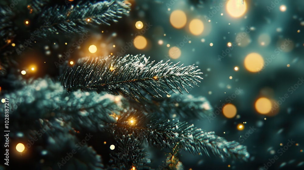 Fototapeta premium Christmas tree in snow at night,Christmas winter background,Realistic 3d design Xmas card decoration,gift box,fir branches, pine cones,Merry Christmas,Happy new year banner,Vector illustration.