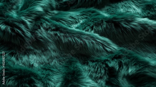 Close-up of Soft, Wavy, Emerald Green Faux Fur Fabric