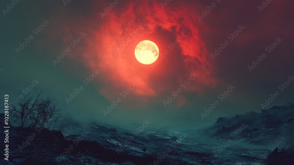 A blood red moon rises over a misty, mystical landscape, symbolizing power, mystery, transformation, and the cycle of life. A blood red moon rises over a misty, mystical landscape, symbolizing power, mystery, transformation, and the cycle of life.