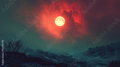 A blood red moon rises over a misty, mystical landscape, symbolizing power, mystery, transformation, and the cycle of life.