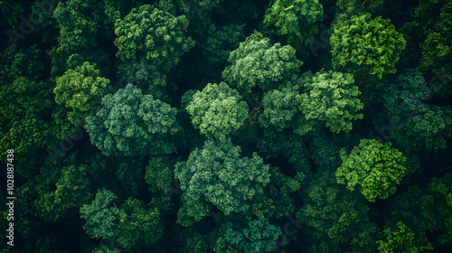 Aerial View of Lush Green Forest Canopy.