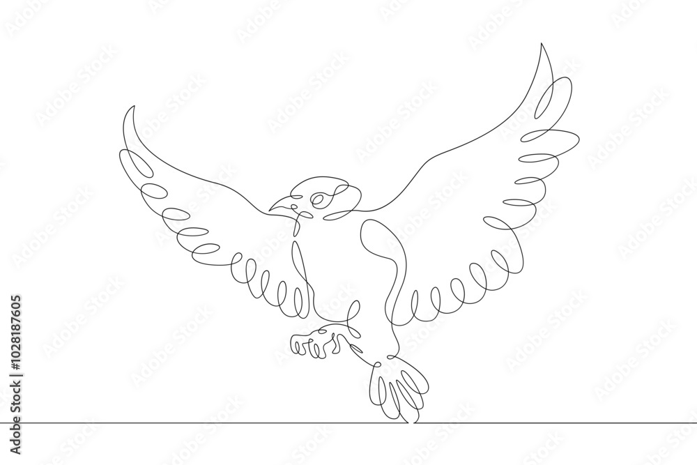 Fototapeta premium A bird flying in the air during the flight. Spread bird wings. One continuous drawing line logo single hand drawn art doodle isolated minimal illustration.
