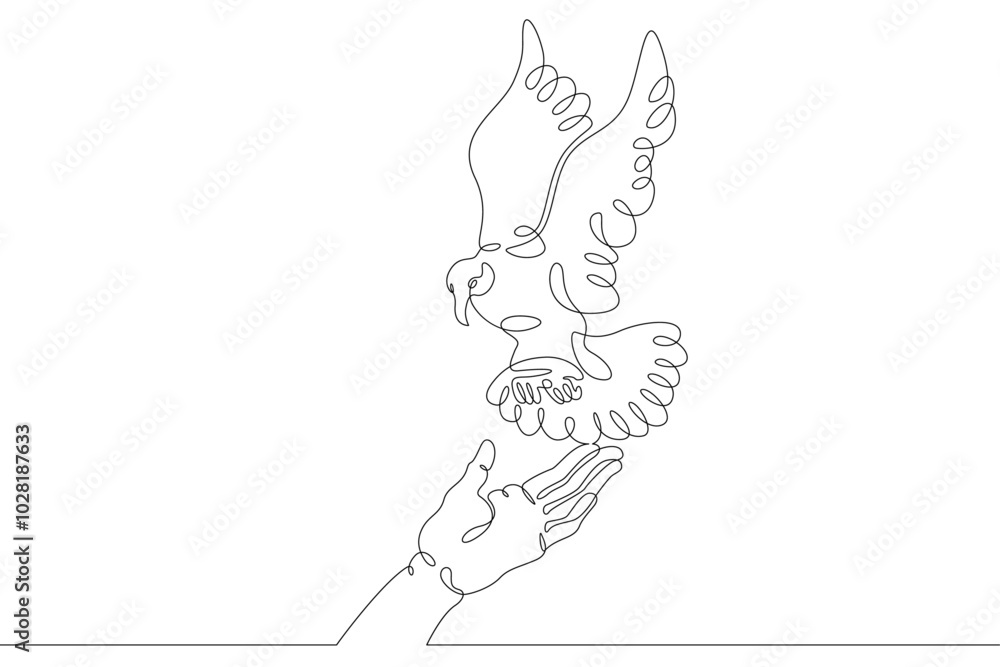 Fototapeta premium The bird sits on the human hand. Bird flying in the air. Open palm. One continuous drawing line logo single hand drawn art doodle isolated minimal illustration.