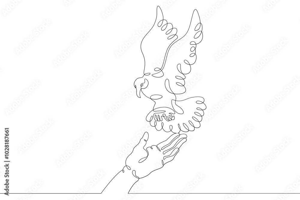 Fototapeta premium The bird sits on the human hand. Bird flying in the air. Open palm. One continuous drawing line logo single hand drawn art doodle isolated minimal illustration.