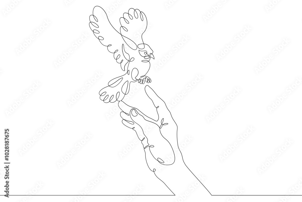 The bird sits on the human hand. Bird flying in the air. Open palm. One continuous drawing line logo single hand drawn art doodle isolated minimal illustration. The bird sits on the human hand. Bird flying in the air. Open palm. One continuous drawing line logo single hand drawn art doodle isolated minimal illustration.