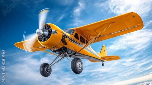 Single engine ultralight prop plane flying in the blue sky with white clouds