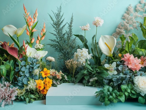 Bright floral arrangement with lilies and mixed blossoms set against a teal background, creating a vibrant and fresh botanical composition with soft depth.