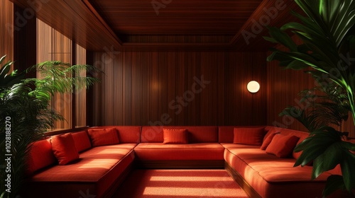 A classic 70s inspired lounge with a sunken conversation pit, featuring plush red seating, warm wood paneling, and lush greenery. The space evokes a sense of retro elegance, comfort, and intimacy.