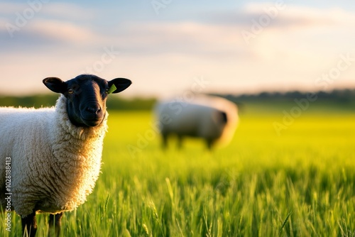 A close-up of a Blue-Faced Leicester sheep with a black face standing in a field of green grass. The sheep is looking directly at the camera, with a second sheep in the background. The scene is tranqu photo