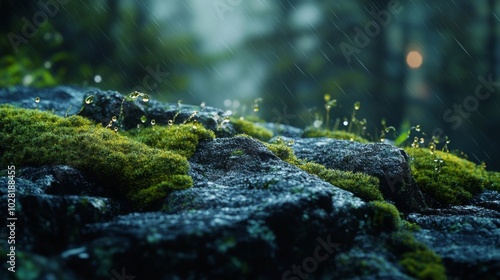 Mossy Rocks with Raindrops in a Forest