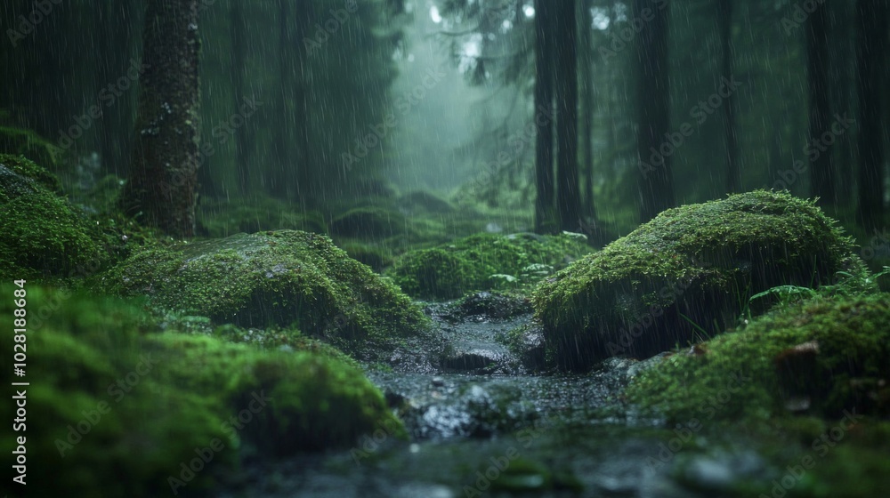 Obraz premium A Lush, Moss-Covered Forest Floor Bathed in Rain