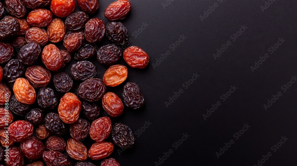 Obraz premium A collection of dried raisins on a dark surface, perfect for healthy snacks.