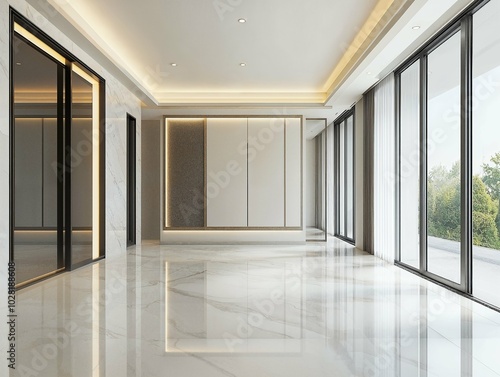 A spacious and elegant modern lobby with high ceilings, sleek marble flooring, recessed lighting, and minimalist design, creating a luxurious and sophisticated atmosphere.