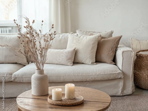A cozy neutral-toned living room with soft furnishings, a dried floral arrangement, and warm candlelight, creating a peaceful and inviting atmosphere.