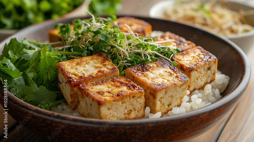 Tofu with soya sauce rice soy sprouts and fresh herbs : Generative AI Tofu with soya sauce rice soy sprouts and fresh herbs : Generative AI