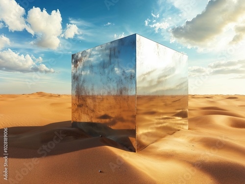 A surreal reflective cube structure standing in the middle of a desert landscape, mirroring the sky and sand, creating a striking and futuristic contrast.