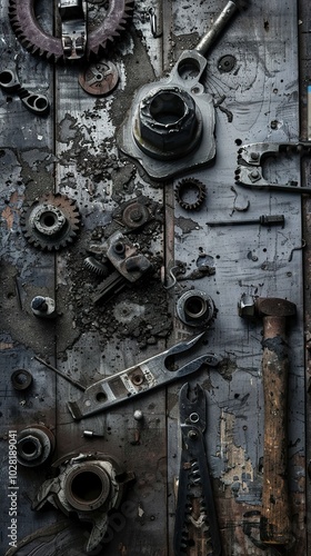 Rusty Tools and Gears on a Weathered Wooden Surface