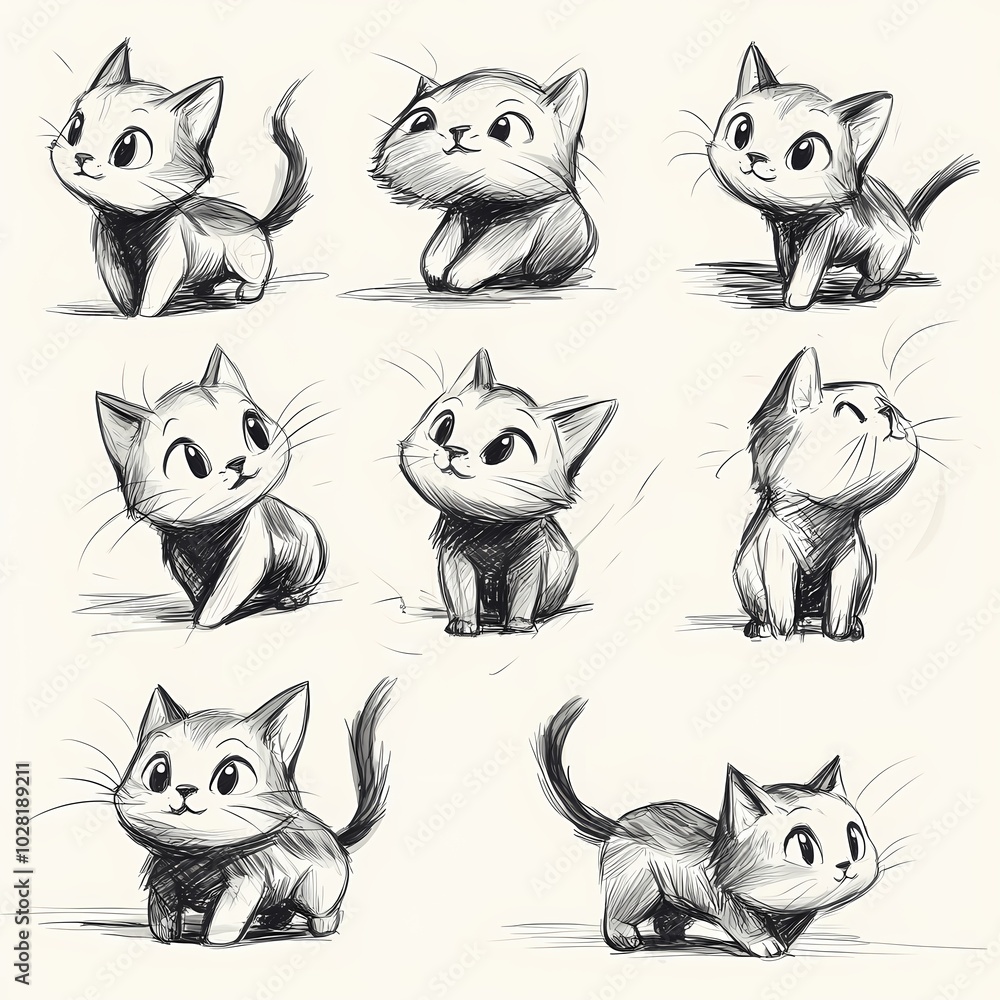Fototapeta premium A collection of small, simple sketches of cats in various playful poses.