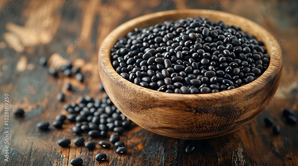 Black beans in wooden bowl Copy space : Generative AI Black beans in wooden bowl Copy space : Generative AI