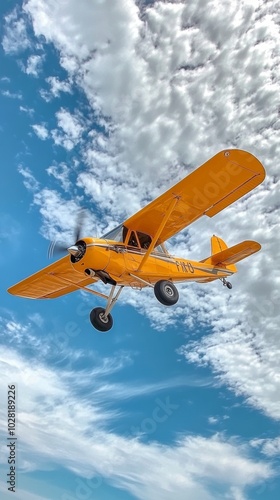 Single engine ultralight prop plane flying in the blue sky with white clouds photo