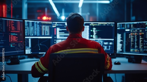 A firefighter sits at a desk, intently monitoring multiple computer screens, symbolizing dedication, vigilance, technology, emergency response, and safety.