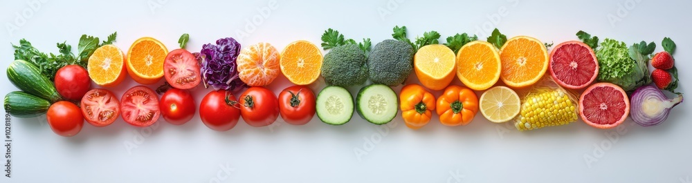 Colorful fruits and vegetables arranged in a row on a white background. Colorful fruits and vegetables arranged in a row on a white background.