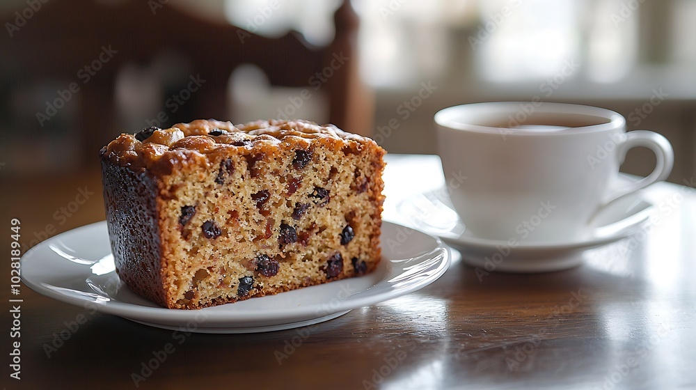 Fruit cake Bara Brith with cup of tea Welsh traditional dessert Grey background Close up : Generative AI Fruit cake Bara Brith with cup of tea Welsh traditional dessert Grey background Close up : Generative AI