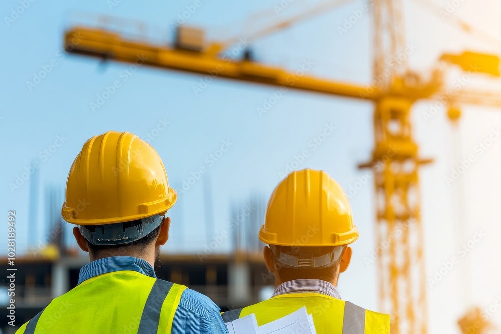 Construction workers observing a site with safety helmets in bright daylight. Construction workers observing a site with safety helmets in bright daylight.