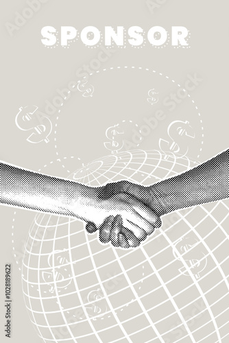 Trendy halftone collage. Concept of maximizing results, sponsorship, business development, business between sponsors fund. Illustration for web banner, social media banner