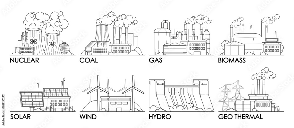 Obraz premium Black And White Illustrations of Electricity Generation Types Including Nuclear, Coal, Gas, Biomass, Solar, Wind, Hydro