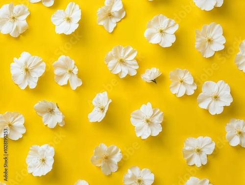 A bright yellow background decorated with small white flowers arranged in a playful, symmetrical pattern, creating a fresh and cheerful visual with a springtime feel.