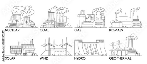 Black And White Illustrations of Electricity Generation Types Including Nuclear, Coal, Gas, Biomass, Solar, Wind, Hydro