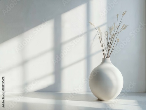 A minimalist white vase with delicate dried flowers sits on a surface, bathed in soft natural sunlight, casting elegant shadows on a plain wall in a serene, modern interior.