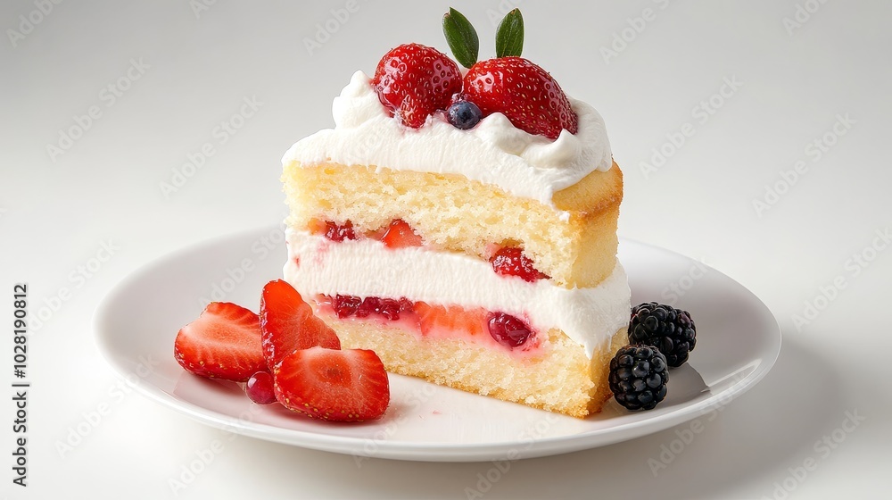 A mouthwatering slice of strawberry shortcake, layered with fresh cream and berries, perfect for a sweet treat or a special occasion. A mouthwatering slice of strawberry shortcake, layered with fresh cream and berries, perfect for a sweet treat or a special occasion.