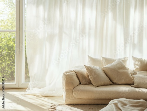 A bright and airy room with sheer white curtains allowing sunlight to filter in, softly illuminating a cozy seating area with neutral cushions.