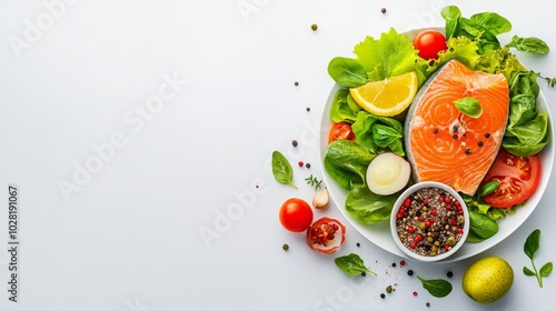 Fresh salad with salmon, vegetables, and spices on a white background.