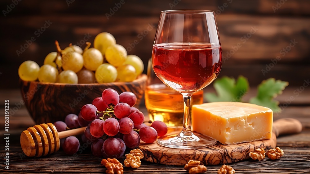 Red wine in glass with cheese honey nuts and grape on a cutting board wooden background : Generative AI Red wine in glass with cheese honey nuts and grape on a cutting board wooden background : Generative AI