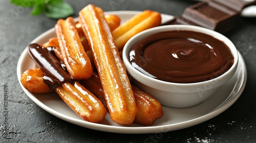 Churros dessert with chocolate sauce dip topping on white plate Gray background Close up Top view : Generative AI
