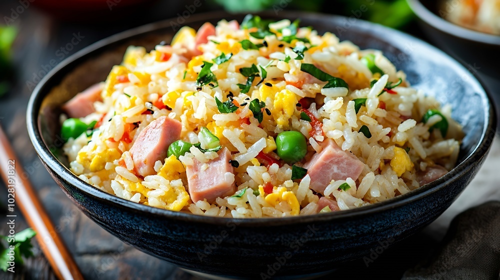 Asian fried rice with ham and vegetables Blue wooden background Close up : Generative AI Asian fried rice with ham and vegetables Blue wooden background Close up : Generative AI