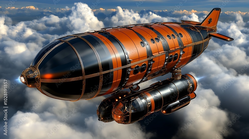 Futuristic Airship Flying Above Clouds Futuristic Airship Flying Above Clouds