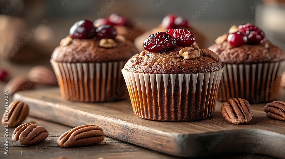 Muffins cakes with cranberry and pecan nuts on cutting board : Generative AI Muffins cakes with cranberry and pecan nuts on cutting board : Generative AI