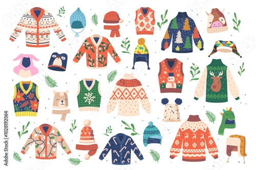 Cozy Christmas Sweaters With Festive Designs And Colorful Winter Hats. Cartoon Vector Set Perfect For Holiday Fashion